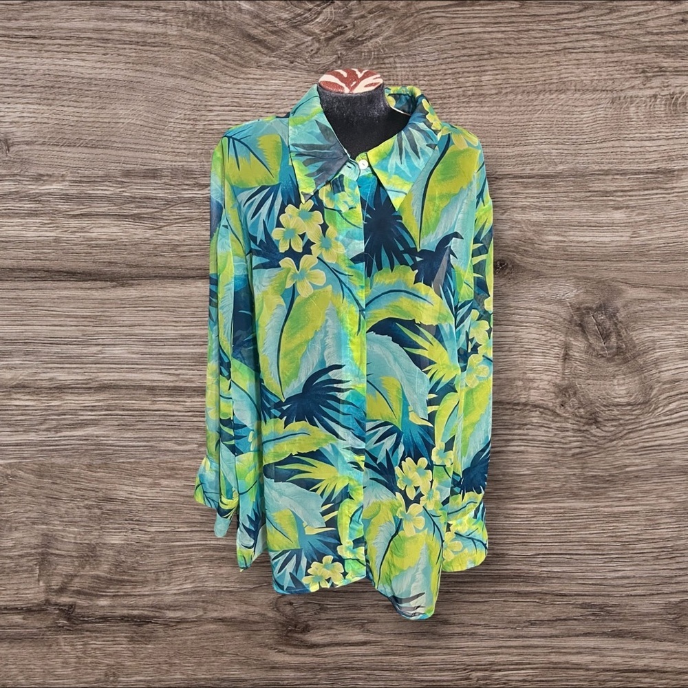 True Beauty by Emme Sheer Tropical Long Sleeve Blouse Top Size 20